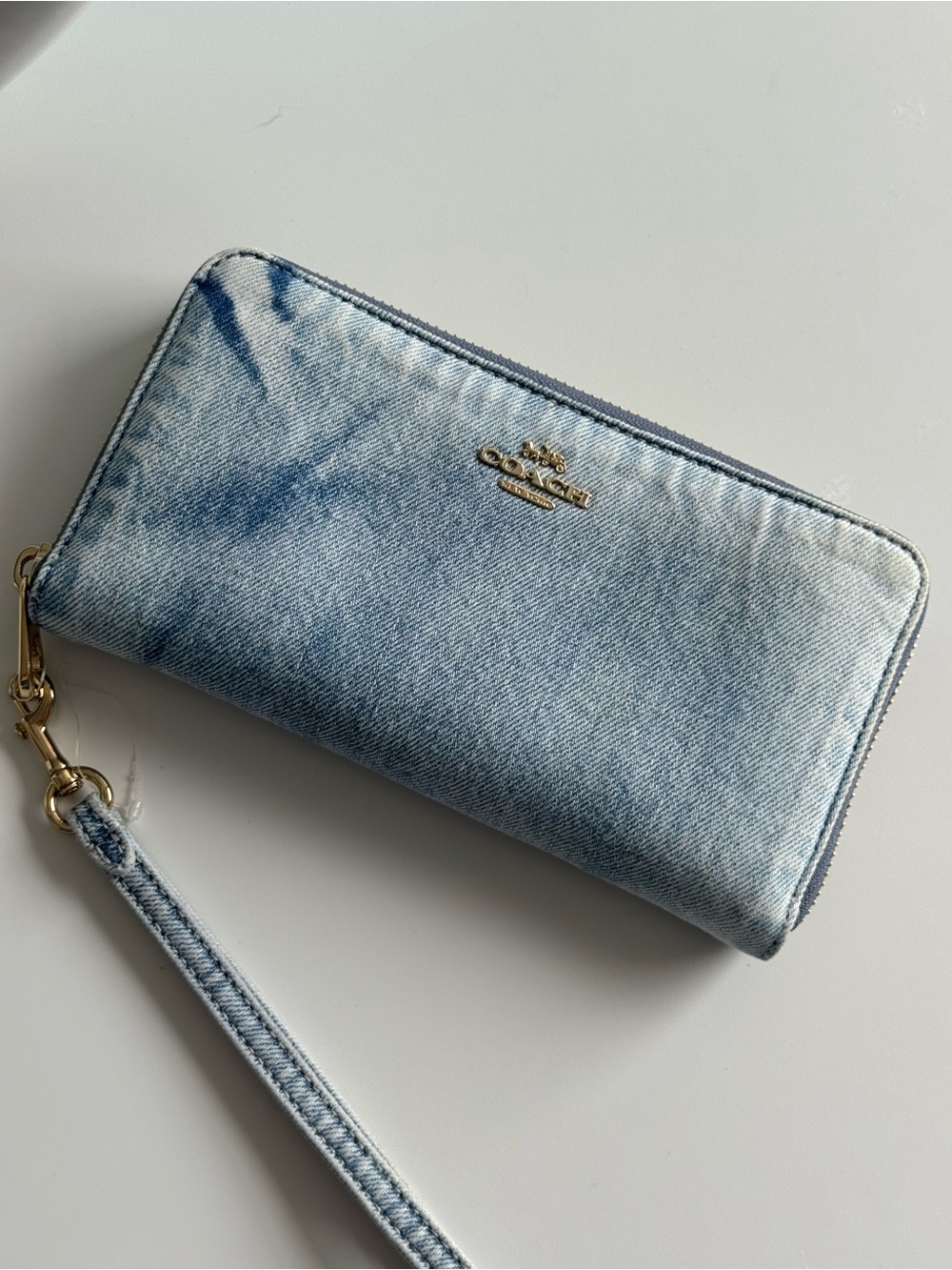 Coach Denim Zip-Around Wristlet in Light Blue with Gold Accent